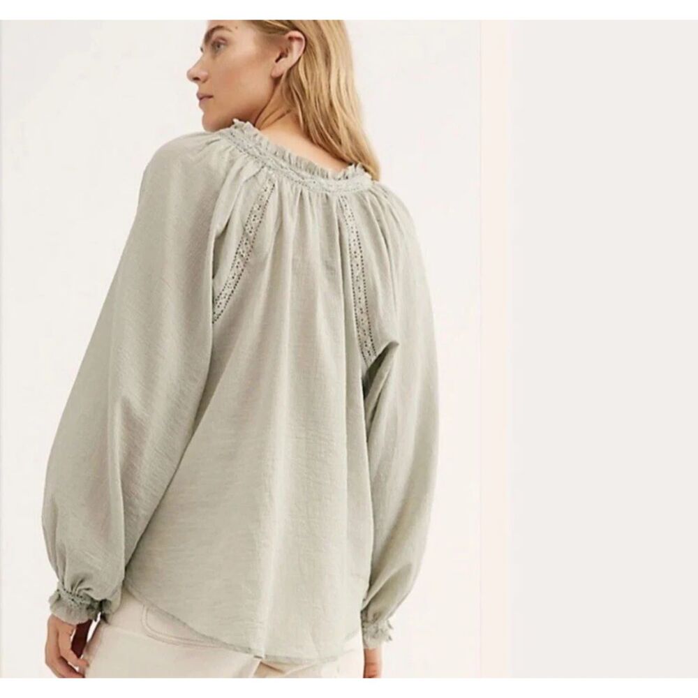 Free People Women's Sivan Embroidered Blouse Moss Green Long Sleeve Size XS - Picture 3 of 12